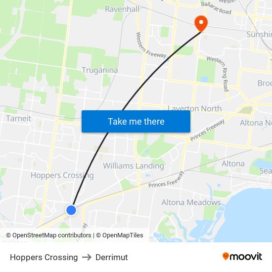 Hoppers Crossing to Derrimut map