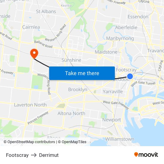 Footscray to Derrimut map