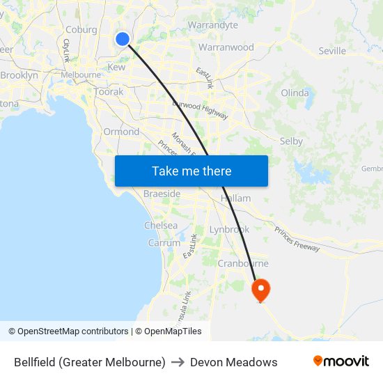 Bellfield (Greater Melbourne) to Devon Meadows map