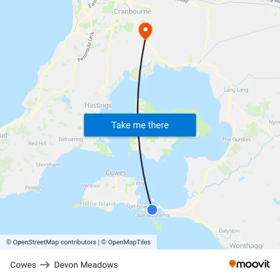 Cowes to Devon Meadows map