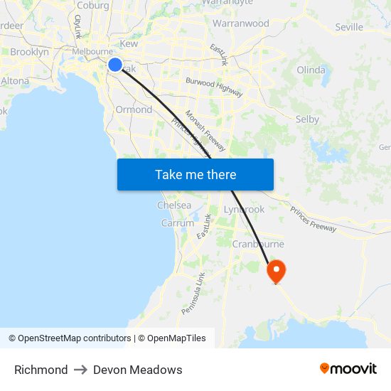 Richmond to Devon Meadows map