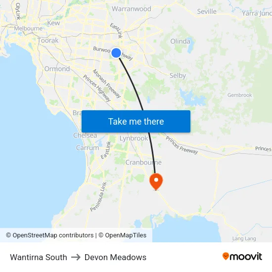 Wantirna South to Devon Meadows map