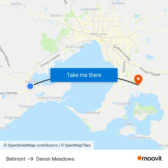 Belmont to Devon Meadows map