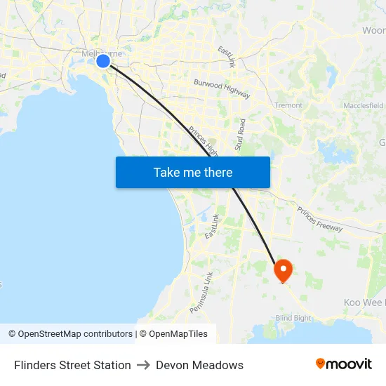 Flinders Street Station to Devon Meadows map