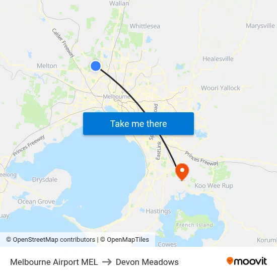 Melbourne Airport MEL to Devon Meadows map