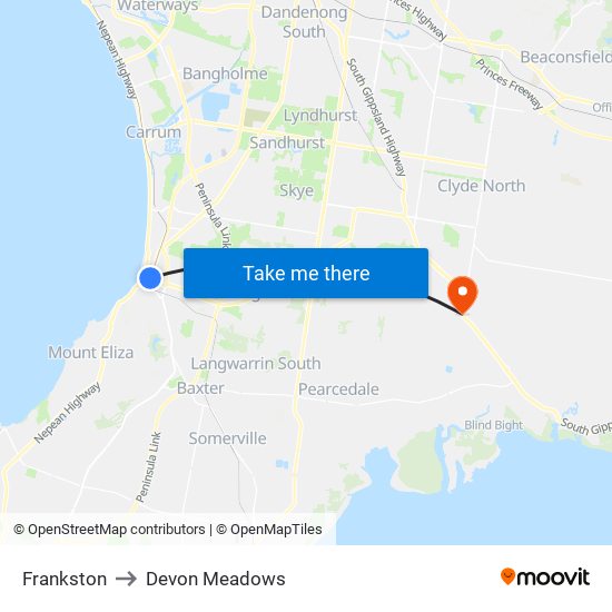 Frankston to Devon Meadows map