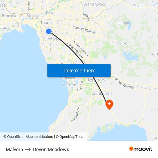 Malvern to Devon Meadows map