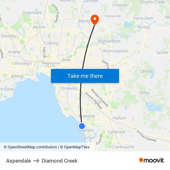 Aspendale to Diamond Creek map