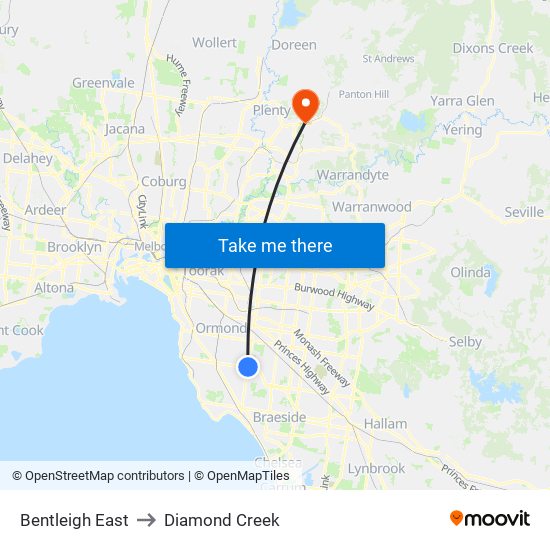 Bentleigh East to Diamond Creek map