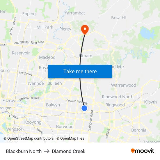 Blackburn North to Diamond Creek map