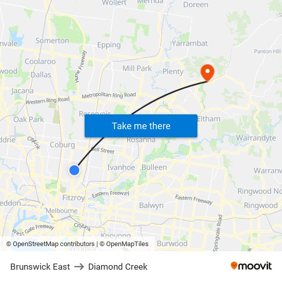 Brunswick East to Diamond Creek map