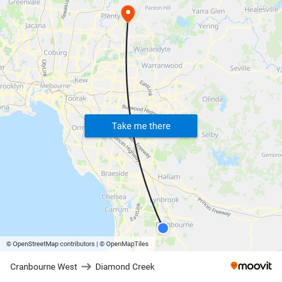 Cranbourne West to Diamond Creek map