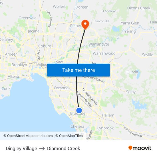 Dingley Village to Diamond Creek map