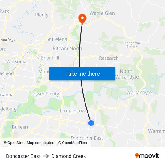 Doncaster East to Diamond Creek map