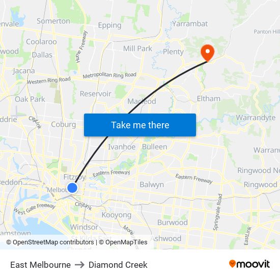 East Melbourne to Diamond Creek map