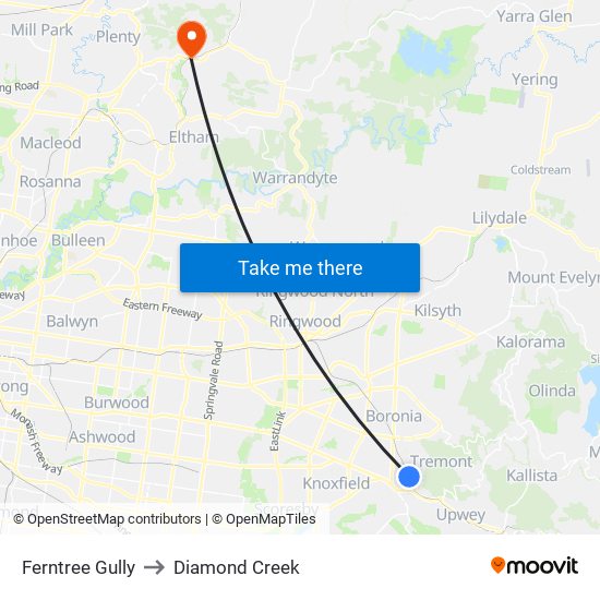 Ferntree Gully to Diamond Creek map