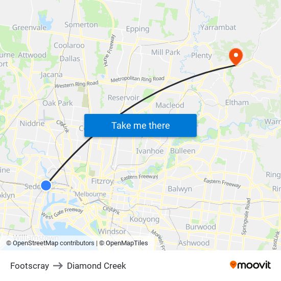 Footscray to Diamond Creek map