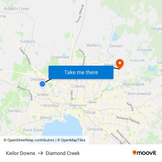 Keilor Downs to Diamond Creek map