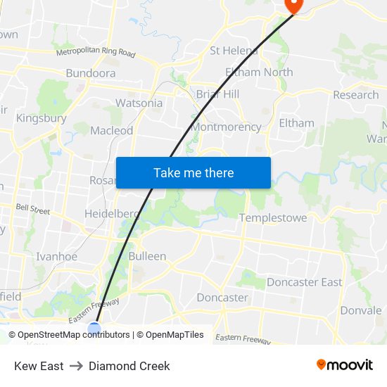 Kew East to Diamond Creek map