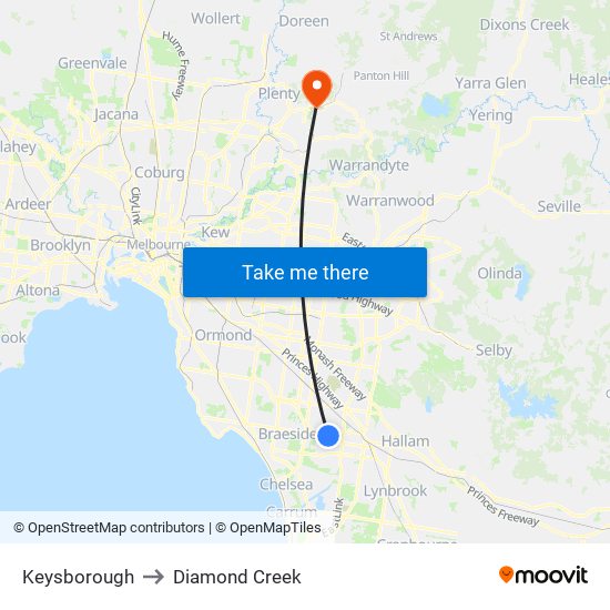 Keysborough to Diamond Creek map