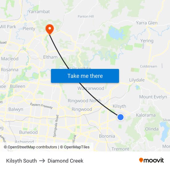Kilsyth South to Diamond Creek map