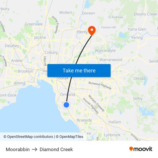 Moorabbin to Diamond Creek map