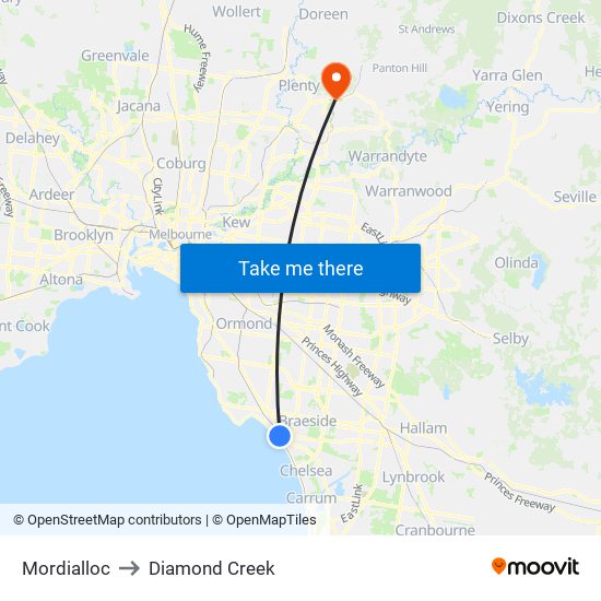 Mordialloc to Diamond Creek map