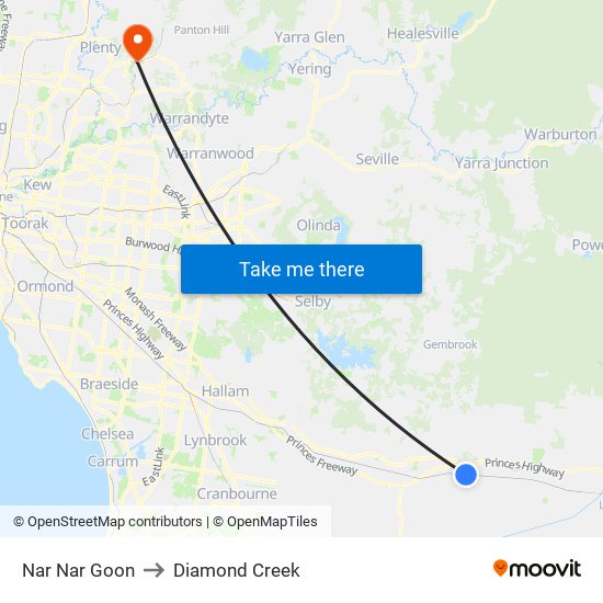 Nar Nar Goon to Diamond Creek map