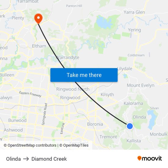 Olinda to Diamond Creek map