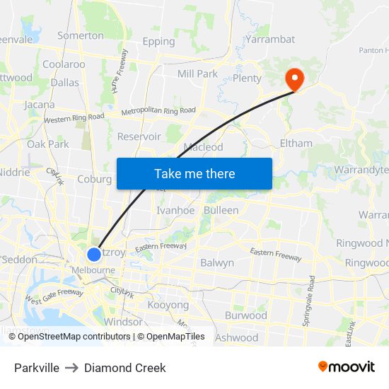 Parkville to Diamond Creek map