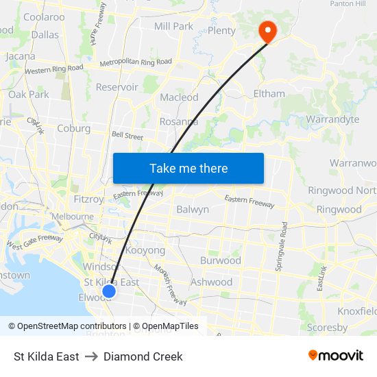St Kilda East to Diamond Creek map