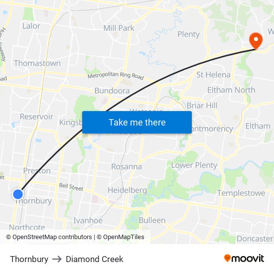 Thornbury to Diamond Creek map