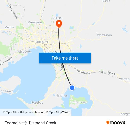 Tooradin to Diamond Creek map