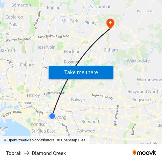 Toorak to Diamond Creek map