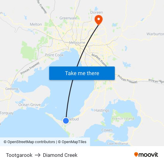 Tootgarook to Diamond Creek map