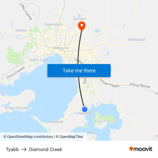 Tyabb to Diamond Creek map