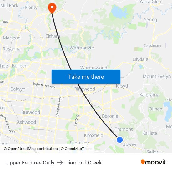 Upper Ferntree Gully to Diamond Creek map