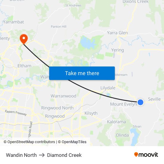 Wandin North to Diamond Creek map