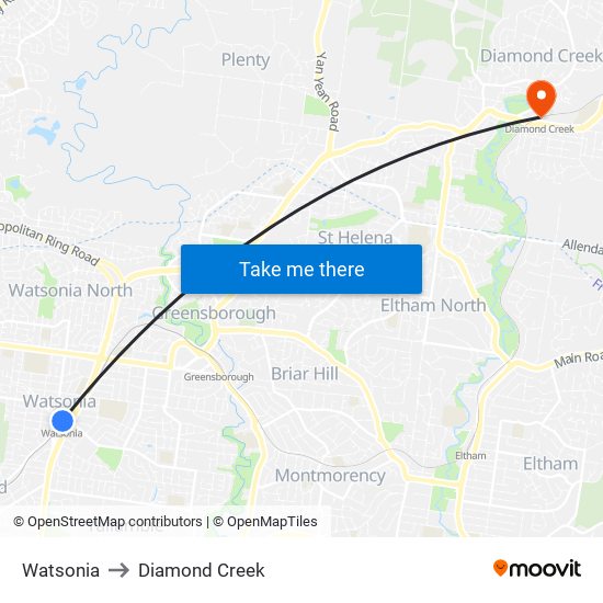 Watsonia to Diamond Creek map