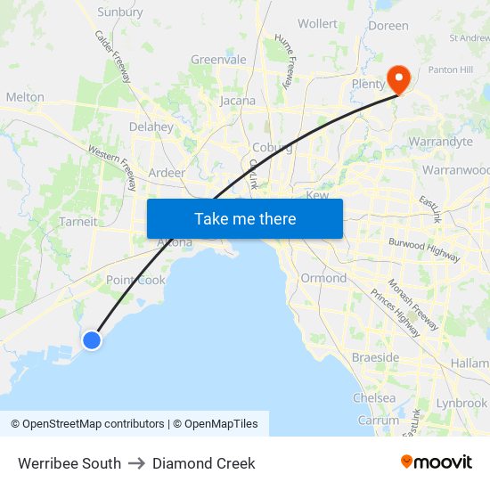 Werribee South to Diamond Creek map