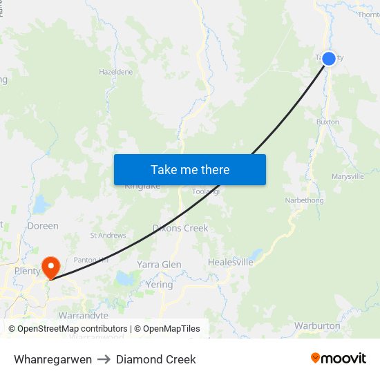 Whanregarwen to Diamond Creek map