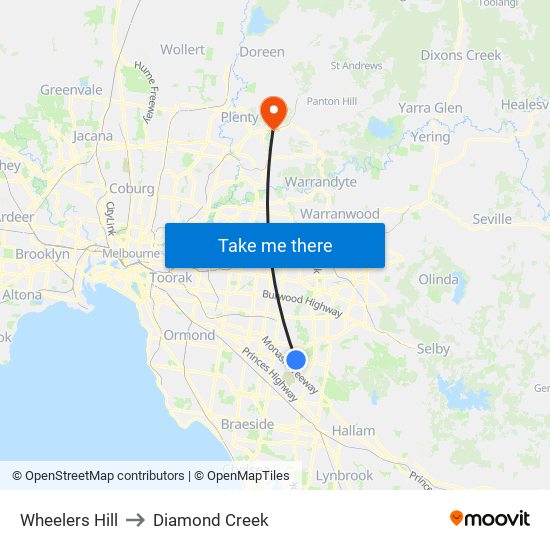 Wheelers Hill to Diamond Creek map