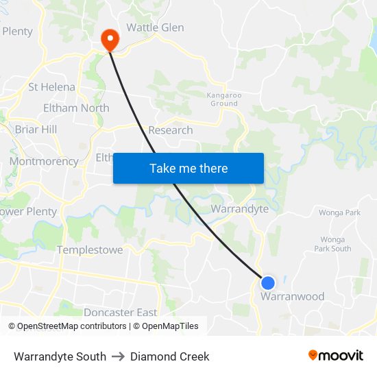 Warrandyte South to Diamond Creek map