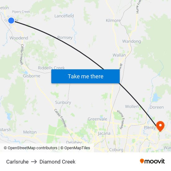 Carlsruhe to Diamond Creek map