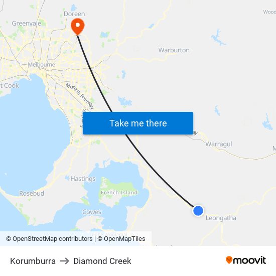 Korumburra to Diamond Creek map