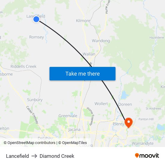 Lancefield to Diamond Creek map