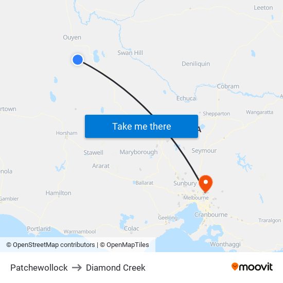 Patchewollock to Diamond Creek map