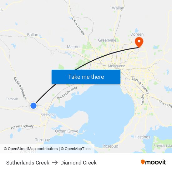 Sutherlands Creek to Diamond Creek map