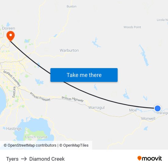 Tyers to Diamond Creek map