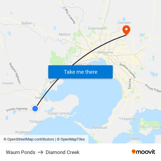 Waurn Ponds to Diamond Creek map